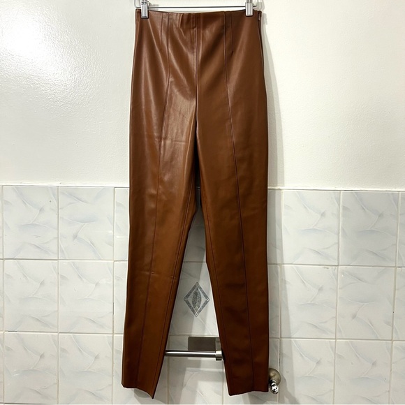 Zara Brown Edgy 80s 90s Casual Chic Minimalist Faux Leather Leggings Pants Small - Picture 1 of 14
